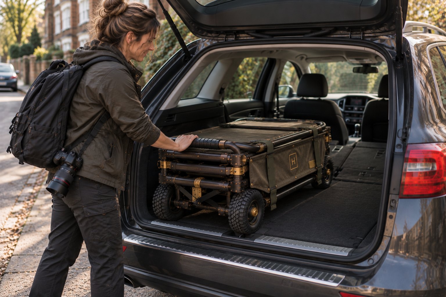 The folded rig sliding into an everyday car boot