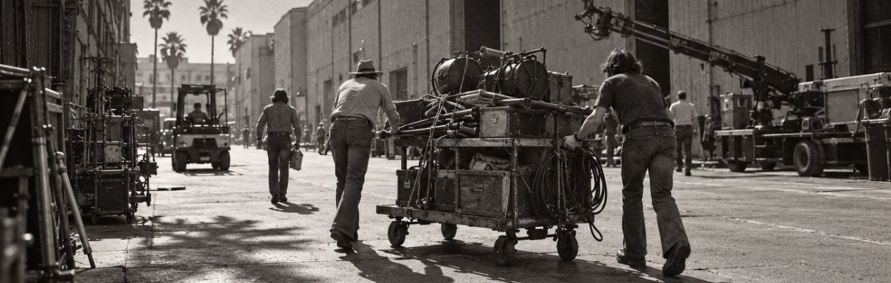 Black-and-white 1970s-style scene: a crew wheels a makeshift cart down a studio backlot